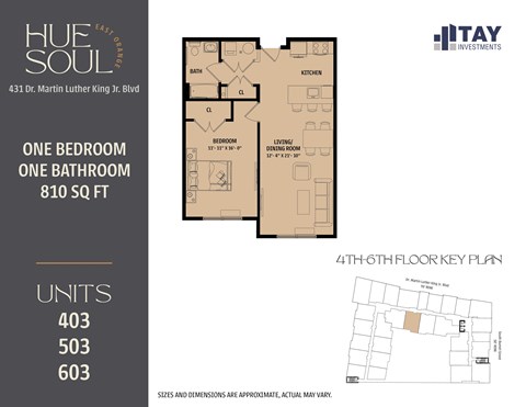Floor plan for 1 bed, 1 bath, 810 sqft